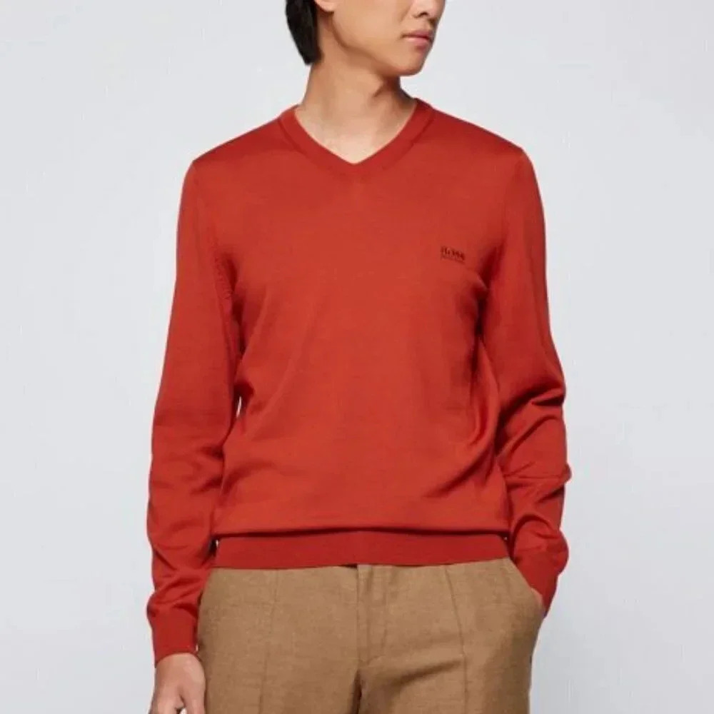 Hugo Boss V-neck Cotton Wool Blended  Sweater With Logo Embroidery
